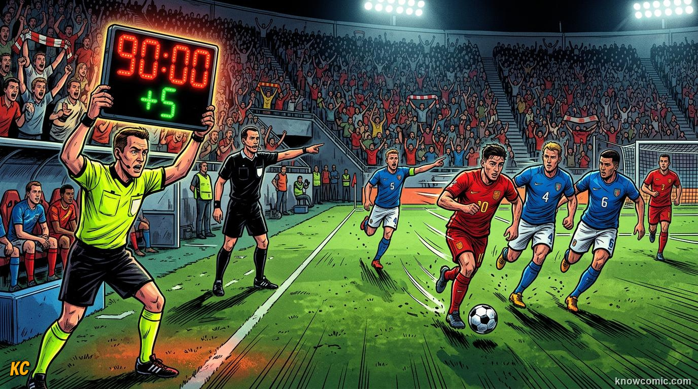 Comic panel titled those extra minutes at the end, labelled added time, from the KnowComic World Cup 2026 lesson on match time: 90 minutes & beyond
