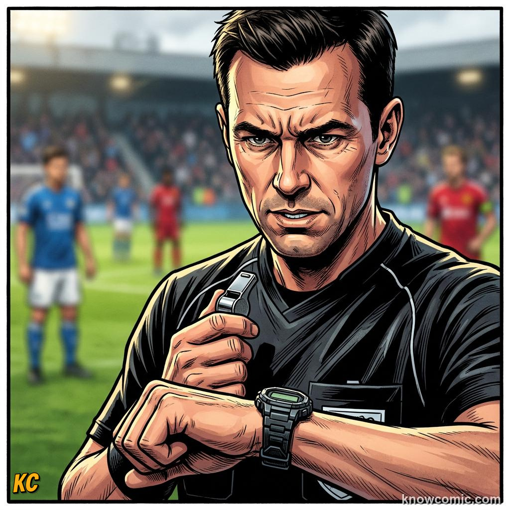 Comic panel titled those extra minutes at the end, labelled referee's watch, from the KnowComic World Cup 2026 lesson on match time: 90 minutes & beyond