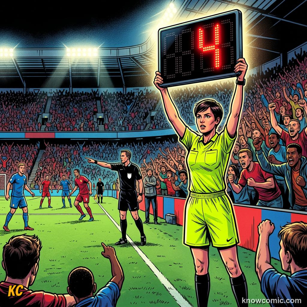 Comic panel titled those extra minutes at the end, labelled fourth official, from the KnowComic World Cup 2026 lesson on match time: 90 minutes & beyond