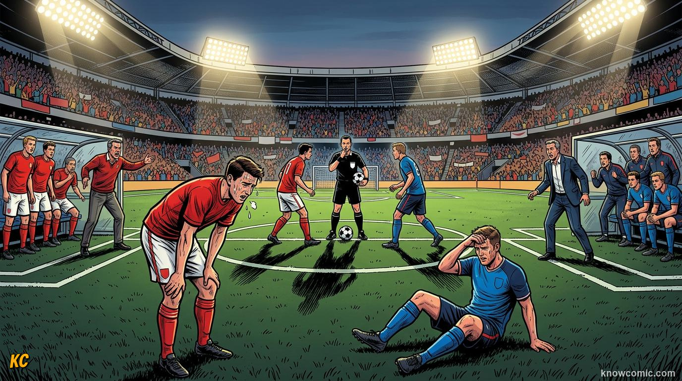 Comic panel titled when the score is still tied, labelled beyond 90, from the KnowComic World Cup 2026 lesson on match time: 90 minutes & beyond