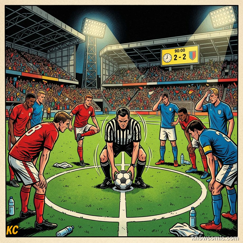 Comic panel titled penalty shootout in knockouts, labelled first period, from the KnowComic World Cup 2026 lesson on match time: 90 minutes & beyond