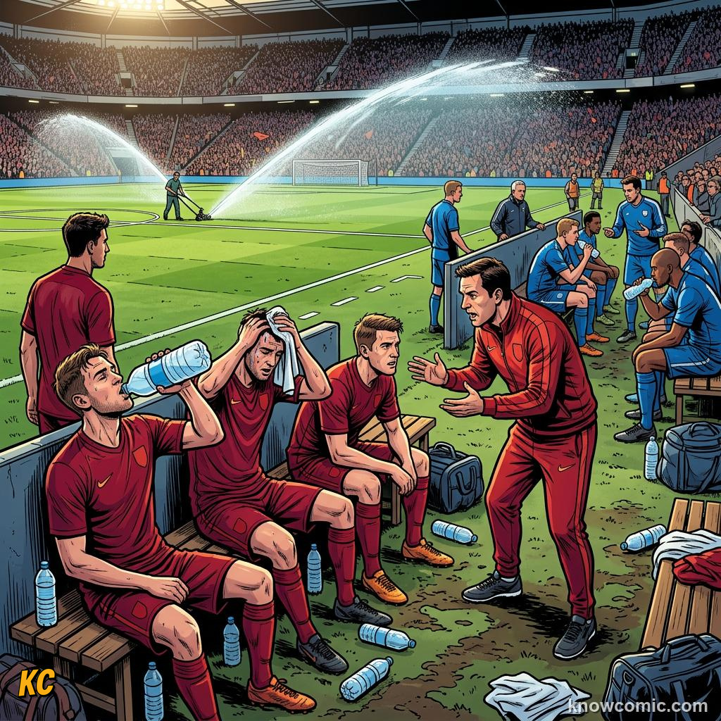 Comic panel titled penalty shootout in knockouts, labelled mini break, from the KnowComic World Cup 2026 lesson on match time: 90 minutes & beyond