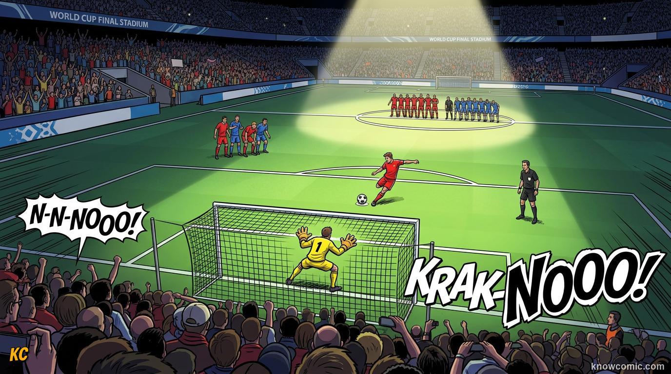 Comic panel titled penalty shootout in knockouts, labelled the final decider, from the KnowComic World Cup 2026 lesson on match time: 90 minutes & beyond