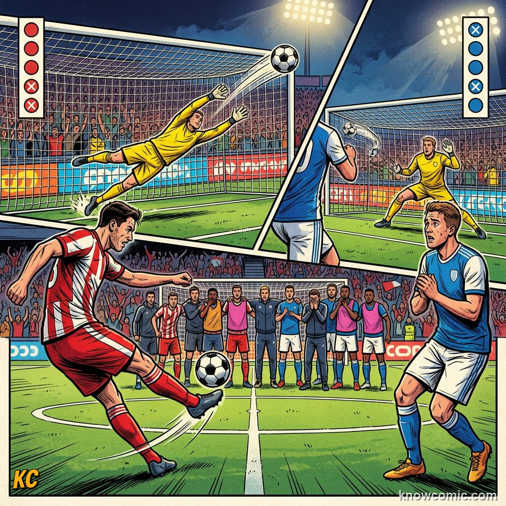 Comic panel labelled five each, illustrating match time: 90 minutes & beyond in KnowComic's World Cup 2026 series