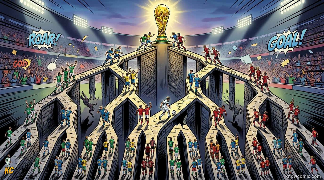 Comic panel titled one loss and you are out, labelled win or go home, from the KnowComic World Cup 2026 lesson on knockouts: win or go home