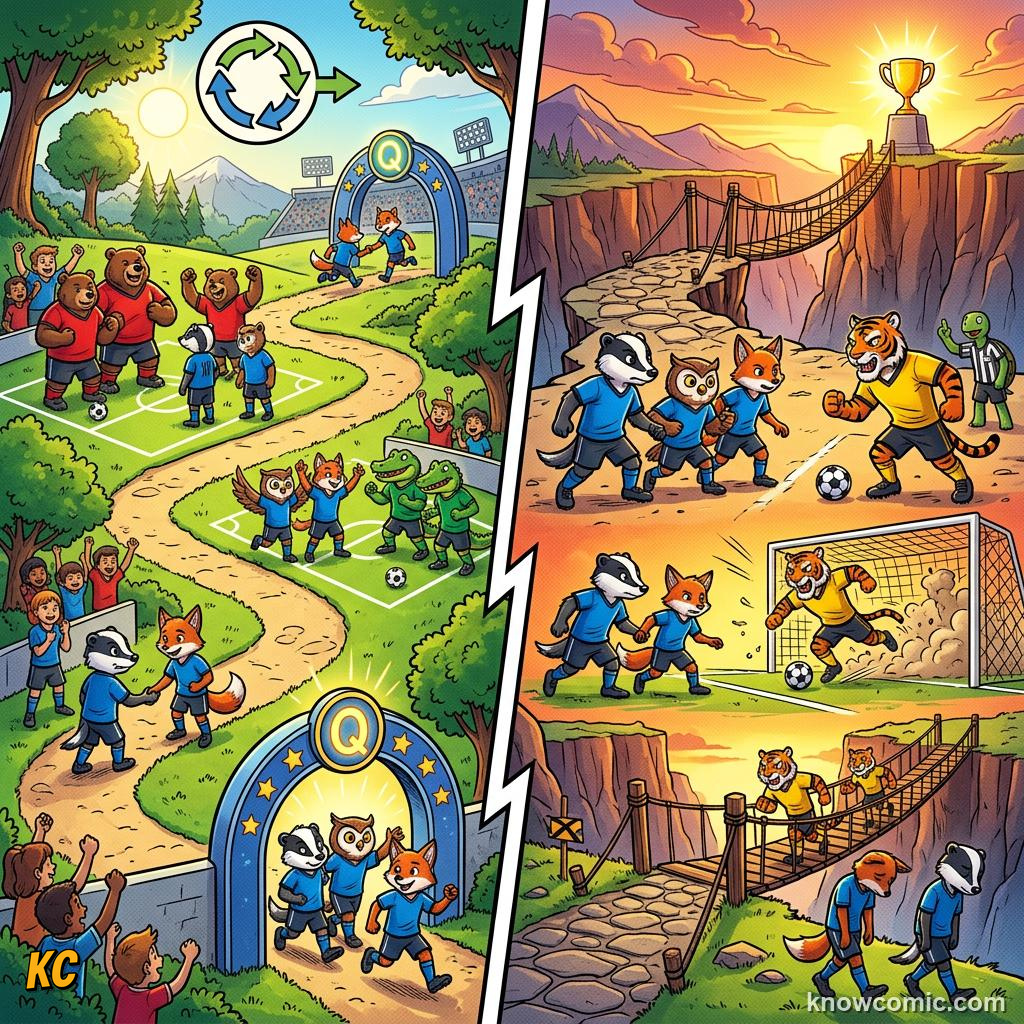 Comic panel titled follow the road to glory, labelled stakes, from the KnowComic World Cup 2026 lesson on knockouts: win or go home