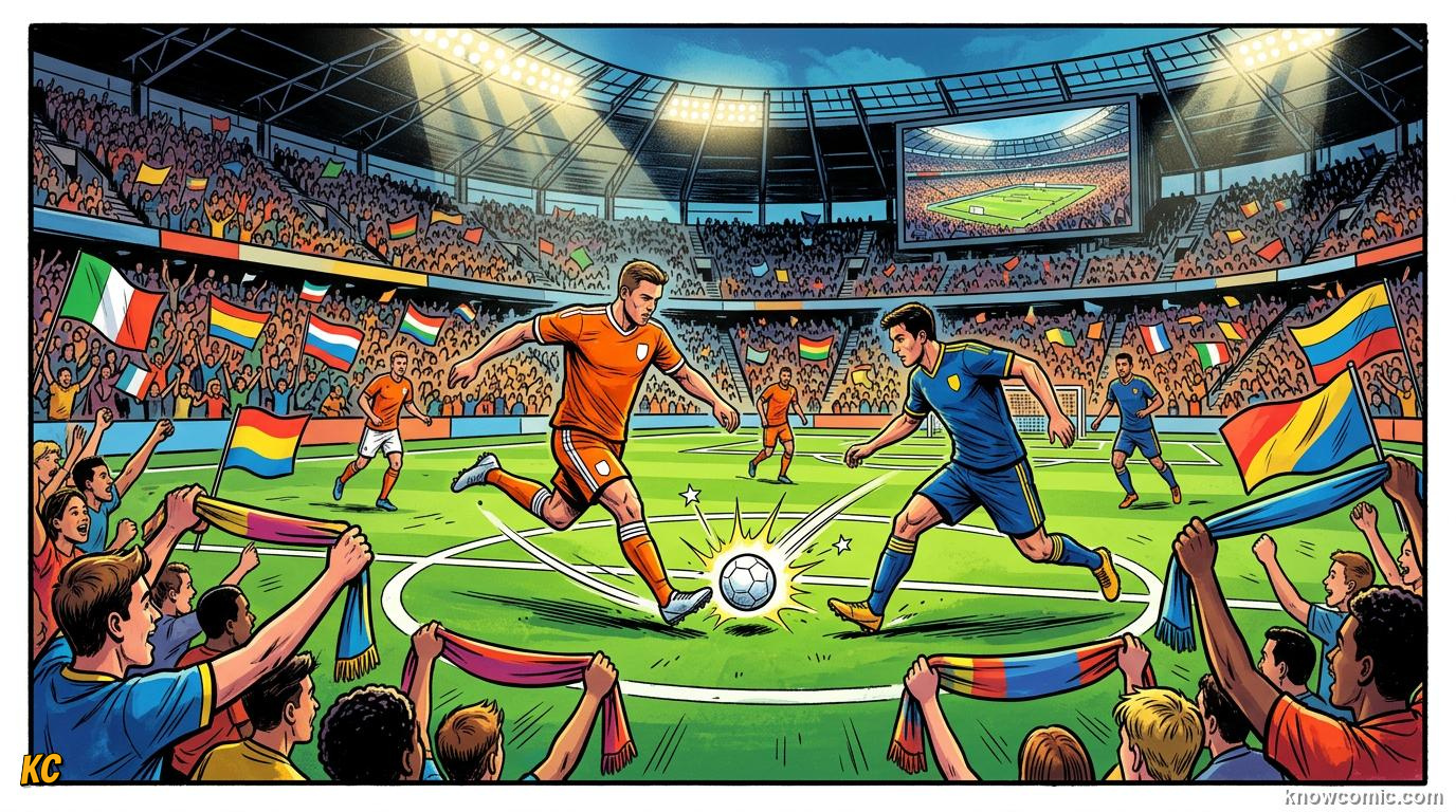 Comic panel titled follow the road to glory, labelled round of 32 to final, from the KnowComic World Cup 2026 lesson on knockouts: win or go home