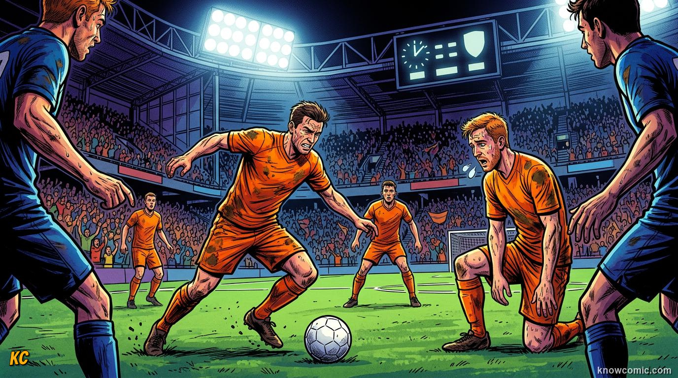 Comic panel titled when the whistle is not enough, labelled exhaustion, from the KnowComic World Cup 2026 lesson on knockouts: win or go home