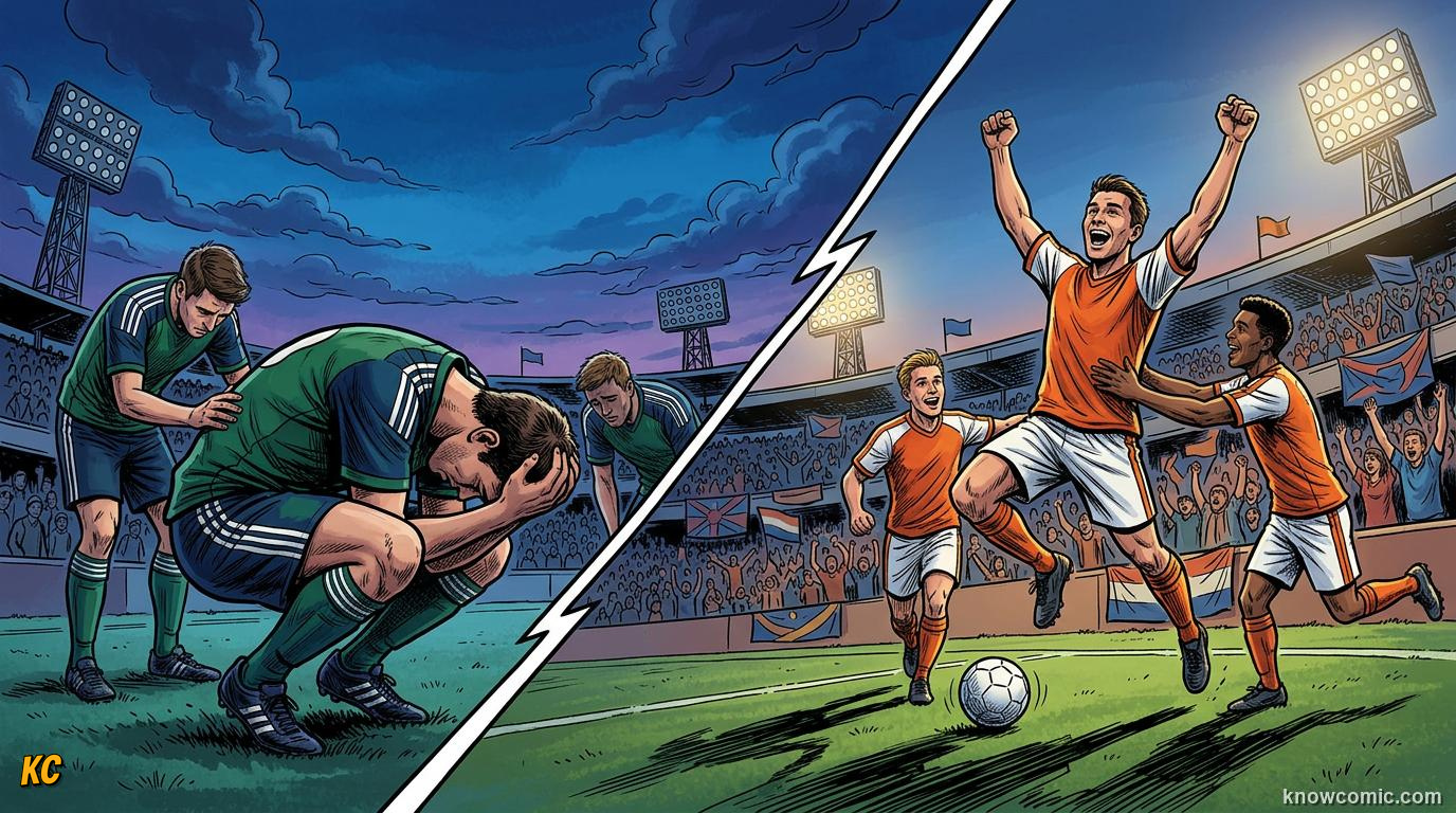 Comic panel titled when nerves decide everything, labelled the lottery, from the KnowComic World Cup 2026 lesson on knockouts: win or go home