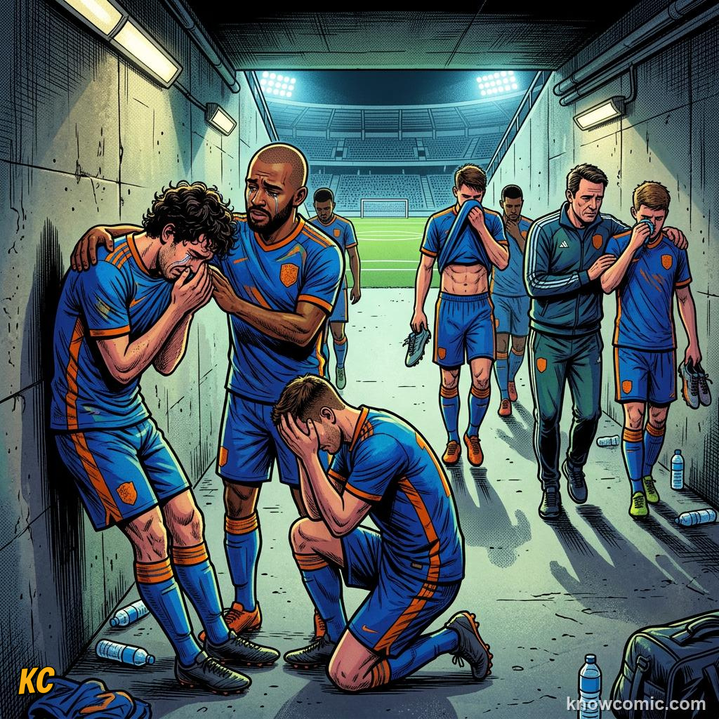 Comic panel titled why knockout football is pure drama, labelled heroes, from the KnowComic World Cup 2026 lesson on knockouts: win or go home