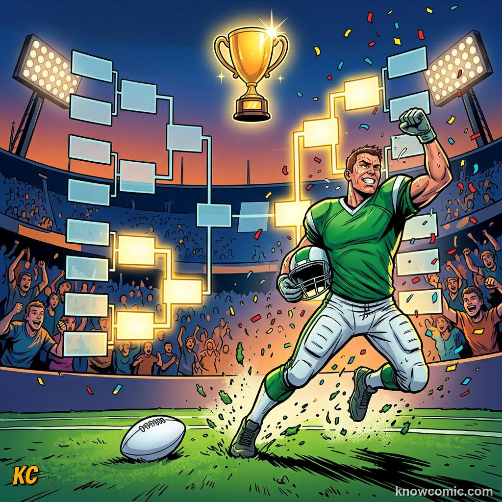 Comic panel titled why knockout football is pure drama, labelled upsets, from the KnowComic World Cup 2026 lesson on knockouts: win or go home