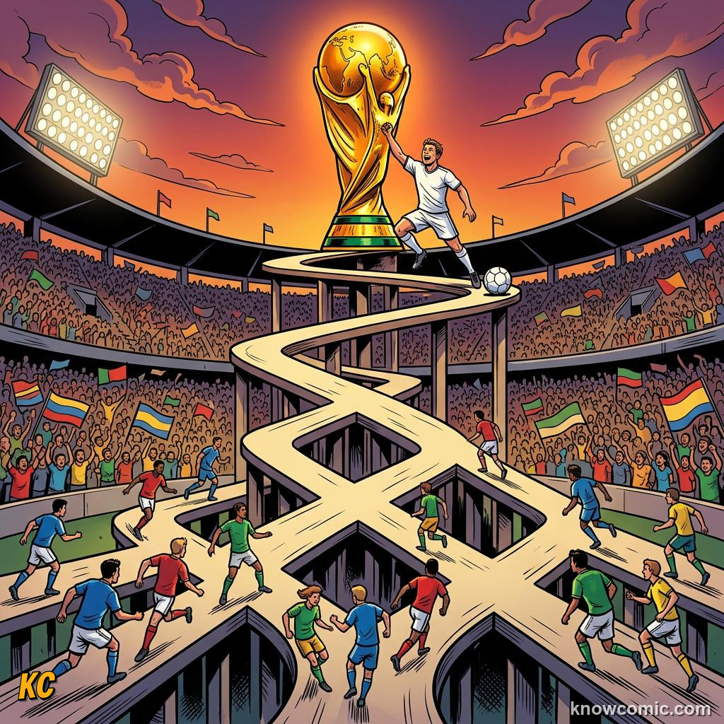Comic panel titled why knockout football is pure drama, labelled moments, from the KnowComic World Cup 2026 lesson on knockouts: win or go home