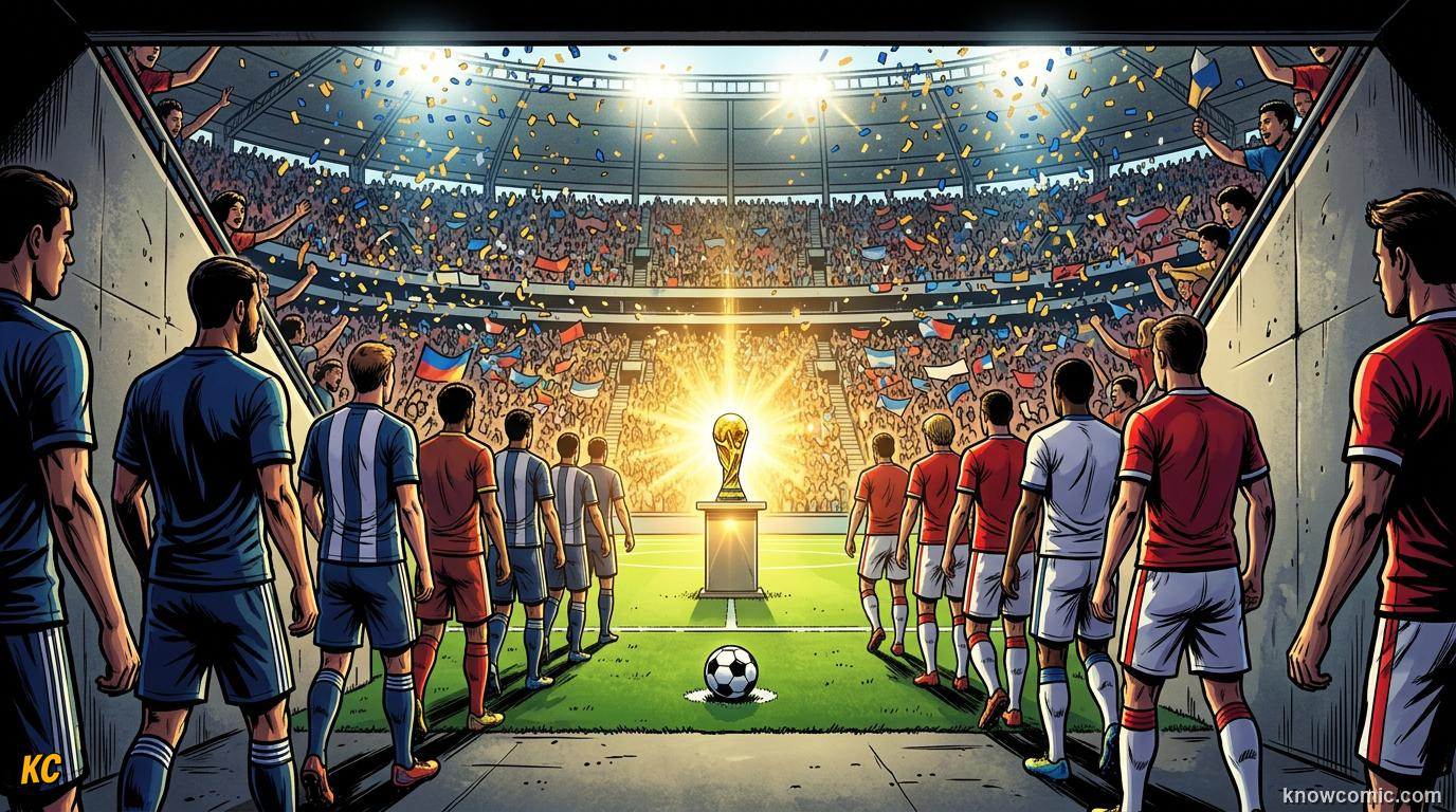 Comic panel titled why knockout football is pure drama, labelled one match left, from the KnowComic World Cup 2026 lesson on knockouts: win or go home