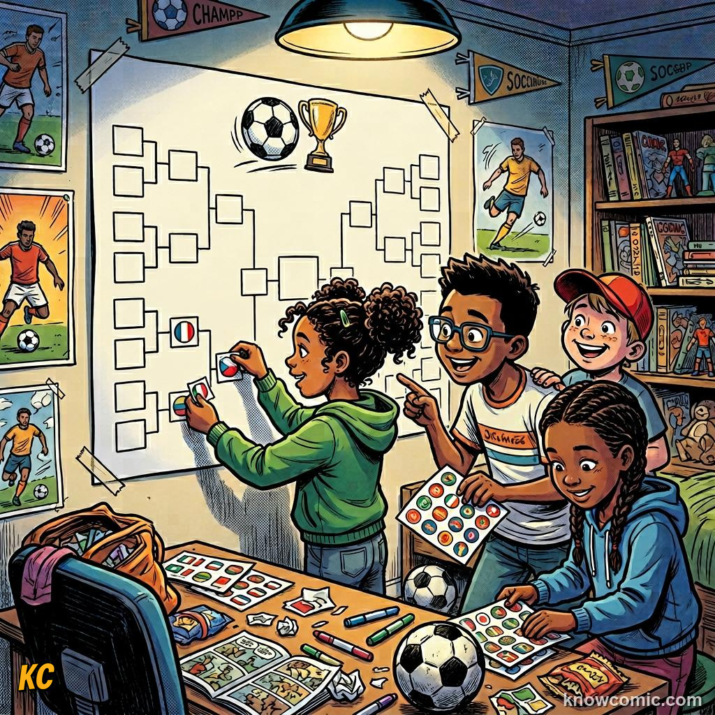 Comic panel labelled stages, illustrating knockouts: win or go home in KnowComic's World Cup 2026 series