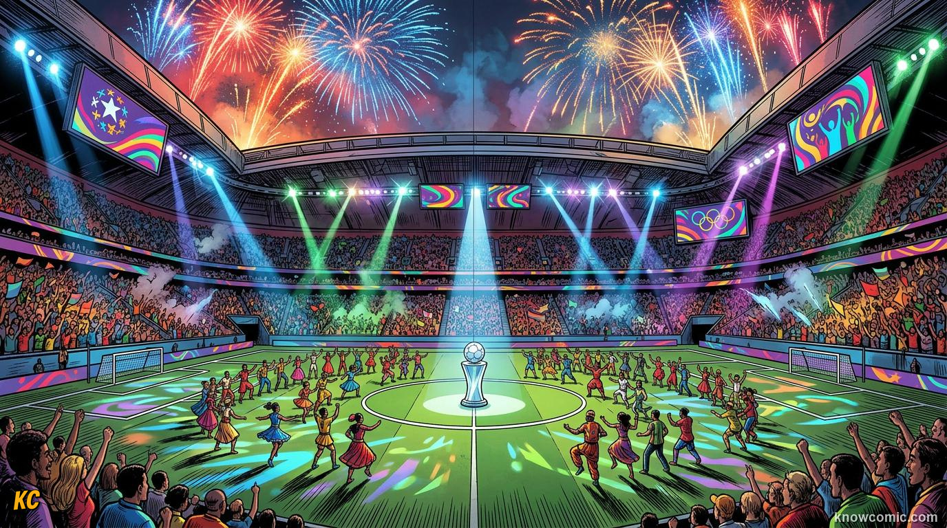 Comic panel titled where the dream starts, labelled opening night, from the KnowComic World Cup 2026 lesson on opening match & ceremonies