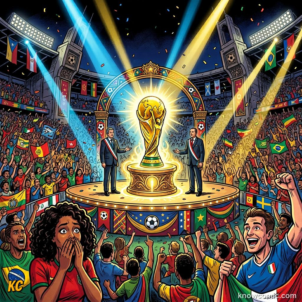 Comic panel titled lights, dance, and dreams, labelled global, from the KnowComic World Cup 2026 lesson on opening match & ceremonies