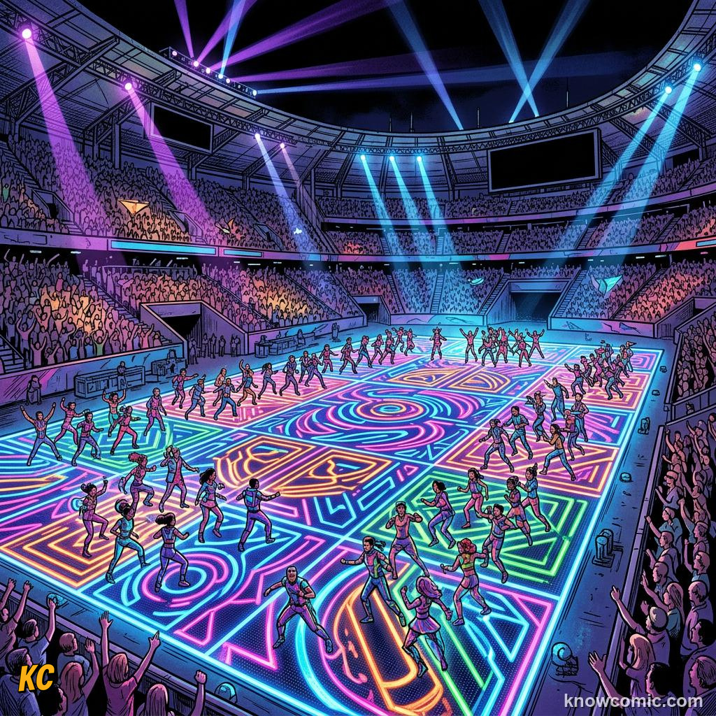 Comic panel titled lights, dance, and dreams, labelled hosts, from the KnowComic World Cup 2026 lesson on opening match & ceremonies