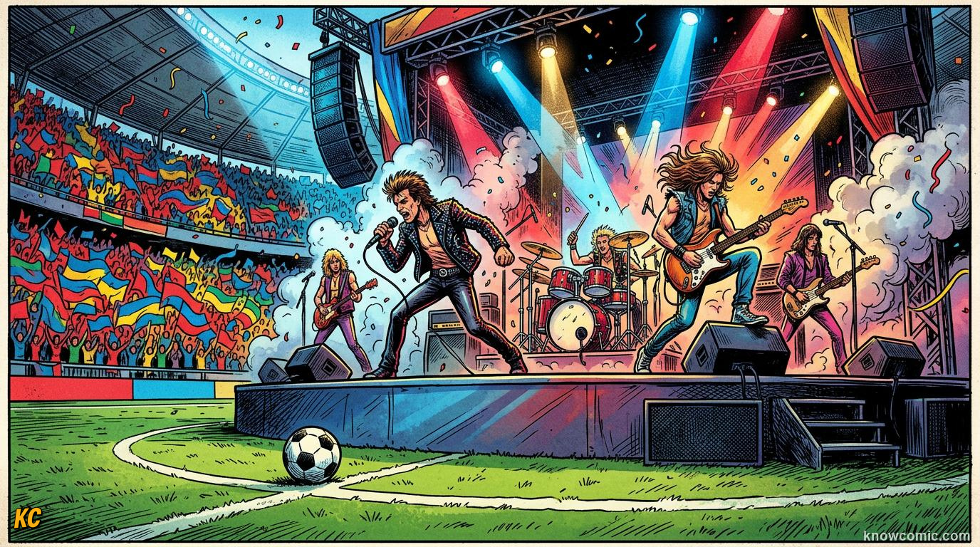 Comic panel titled lights, dance, and dreams, labelled spectacle, from the KnowComic World Cup 2026 lesson on opening match & ceremonies