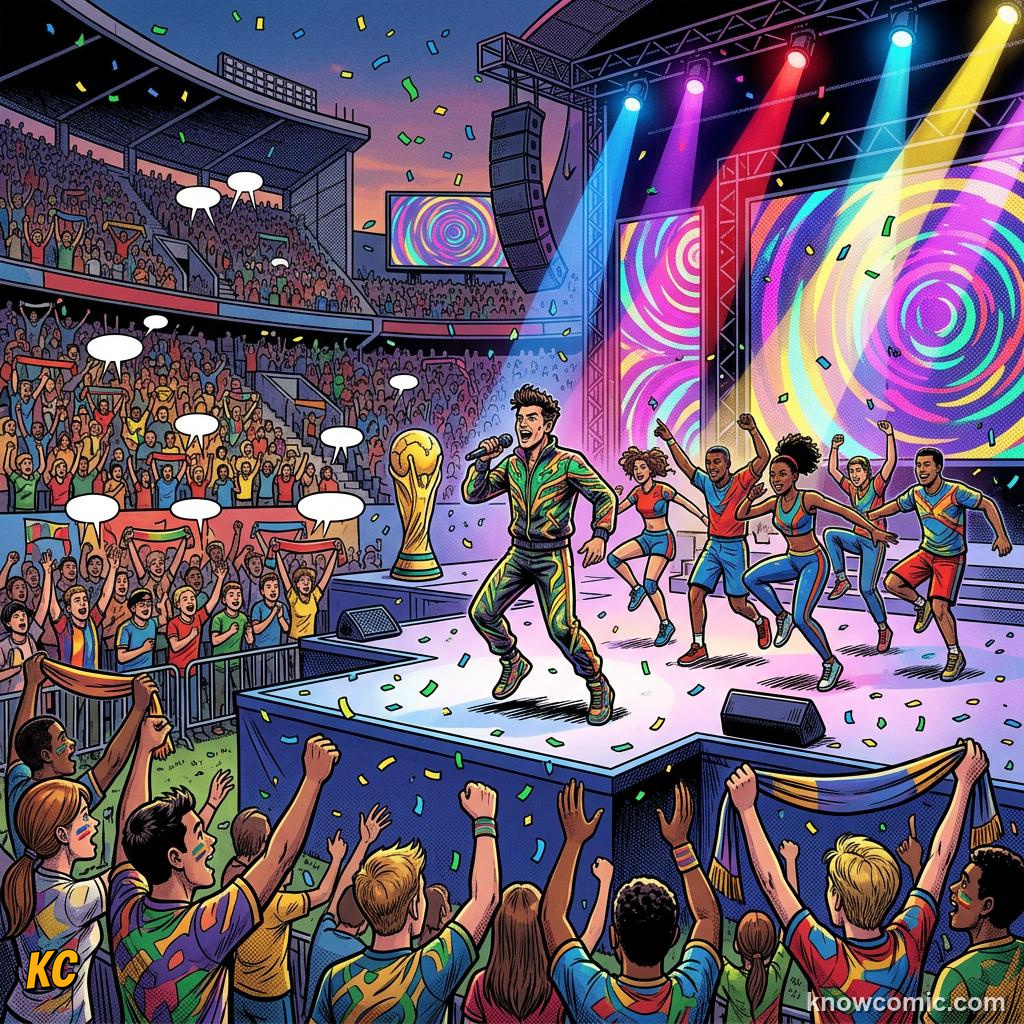 Comic panel titled when music meets football, labelled perform, from the KnowComic World Cup 2026 lesson on opening match & ceremonies