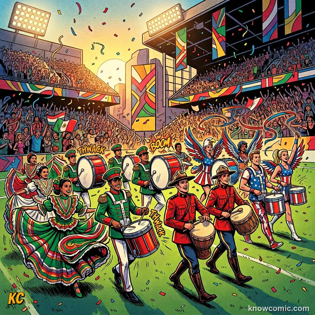 Comic panel titled when music meets football, labelled culture, from the KnowComic World Cup 2026 lesson on opening match & ceremonies
