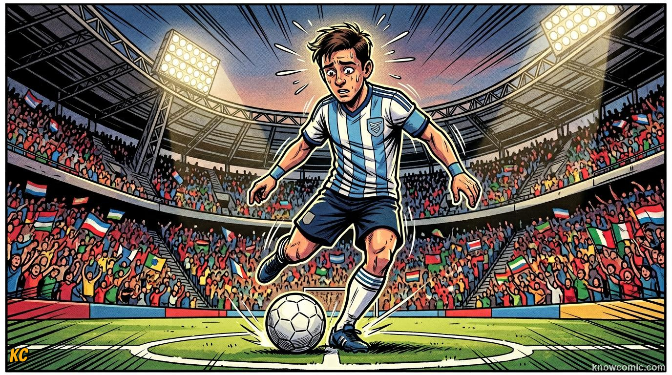 Comic panel titled when music meets football, labelled soundtrack, from the KnowComic World Cup 2026 lesson on opening match & ceremonies