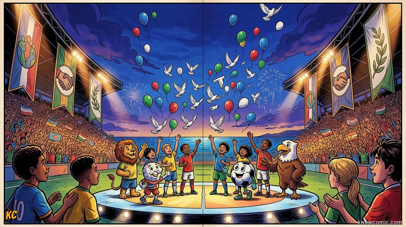 Comic panel titled opening matches we still talk about, labelled history, from the KnowComic World Cup 2026 lesson on opening match & ceremonies