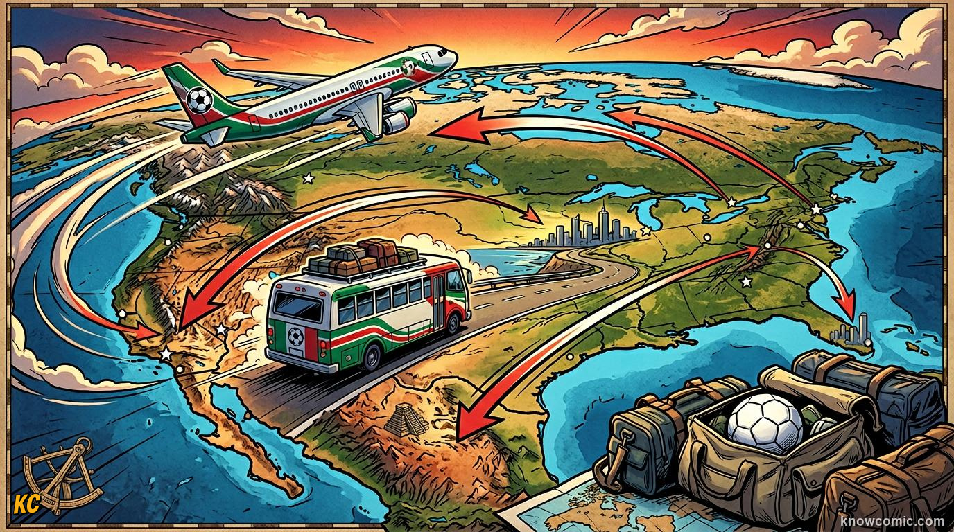 Comic panel titled world cup 2026 across north america, labelled three countries, from the KnowComic World Cup 2026 lesson on travel & time zones