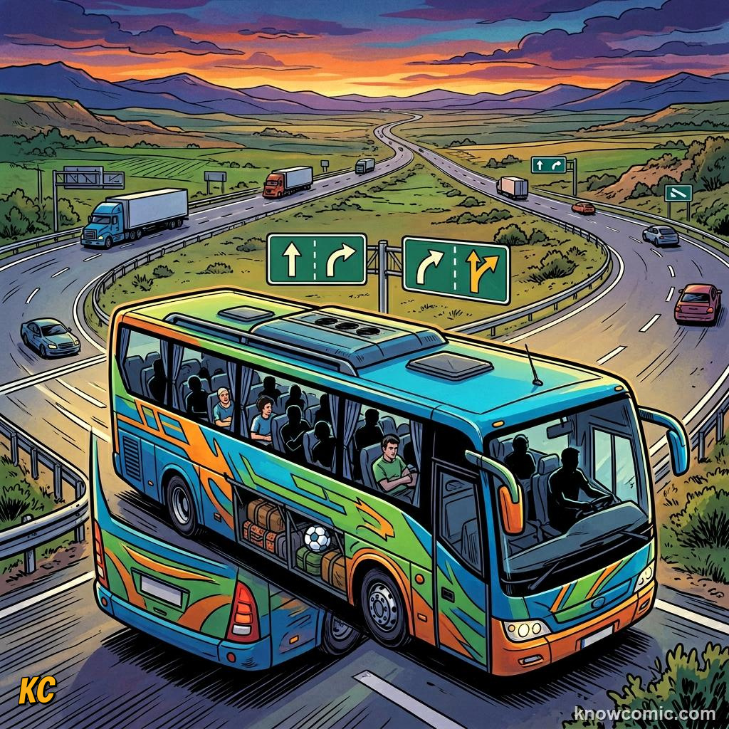 Comic panel titled when the match starts where you live, labelled hosts, from the KnowComic World Cup 2026 lesson on travel & time zones