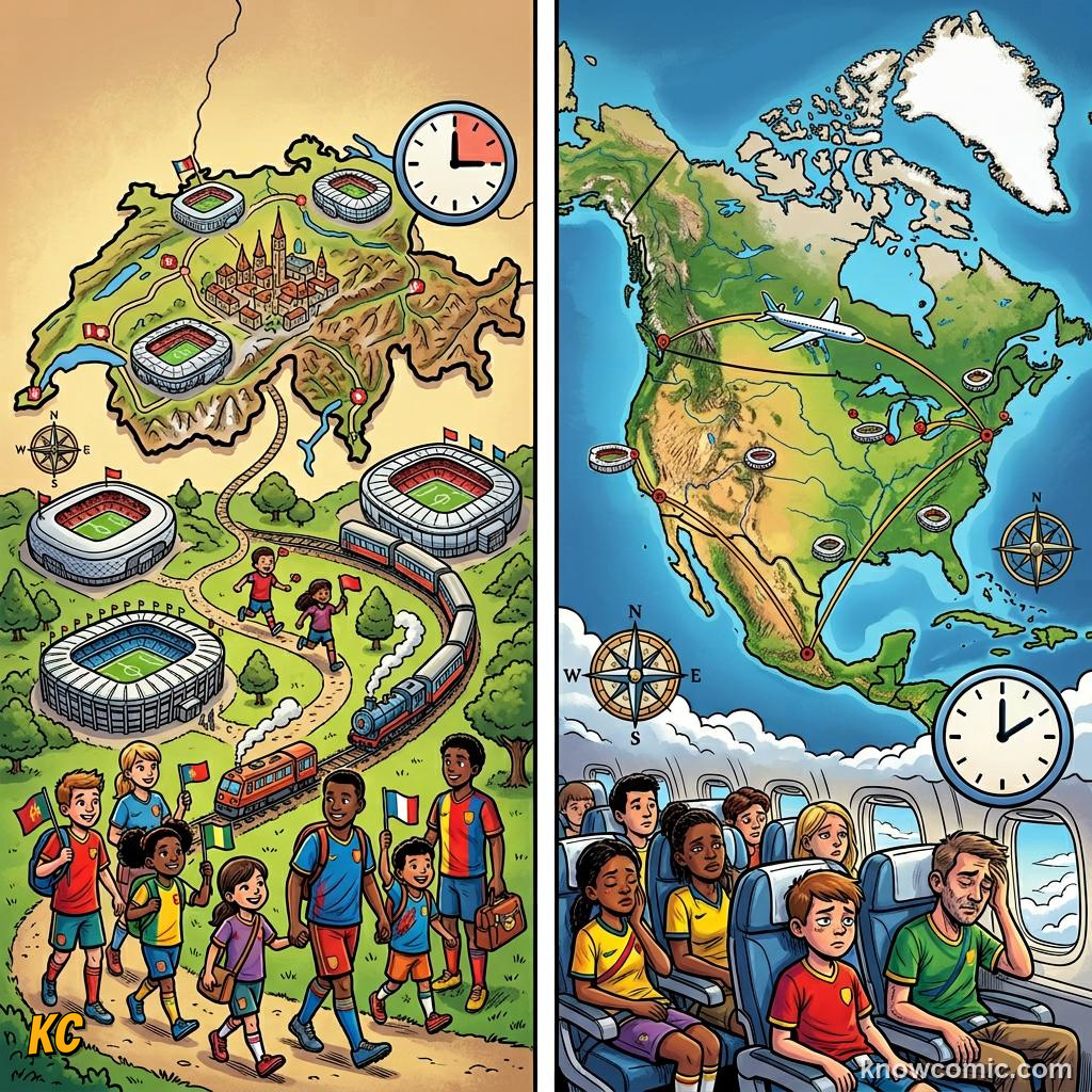 Comic panel titled when the match starts where you live, labelled distance, from the KnowComic World Cup 2026 lesson on travel & time zones