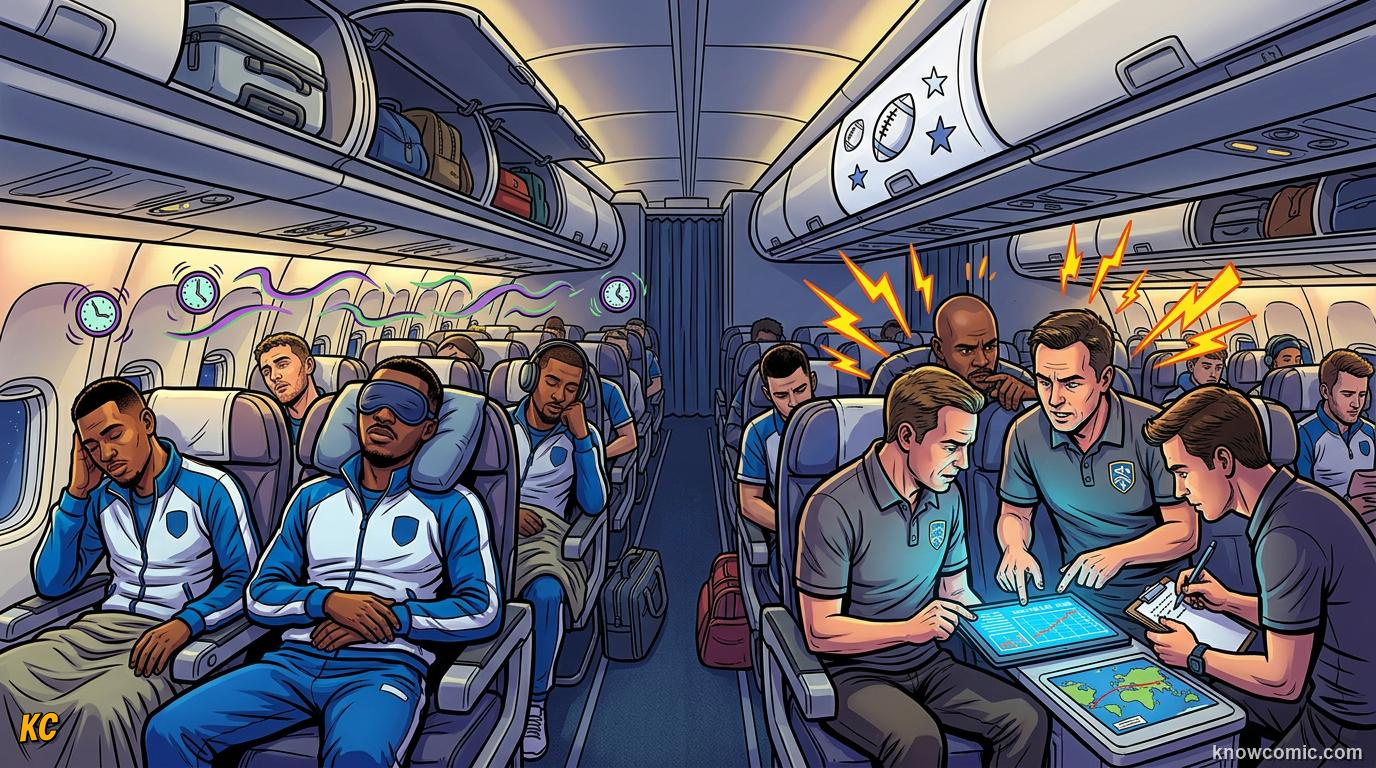 Comic panel titled when the match starts where you live, labelled clock confusion, from the KnowComic World Cup 2026 lesson on travel & time zones