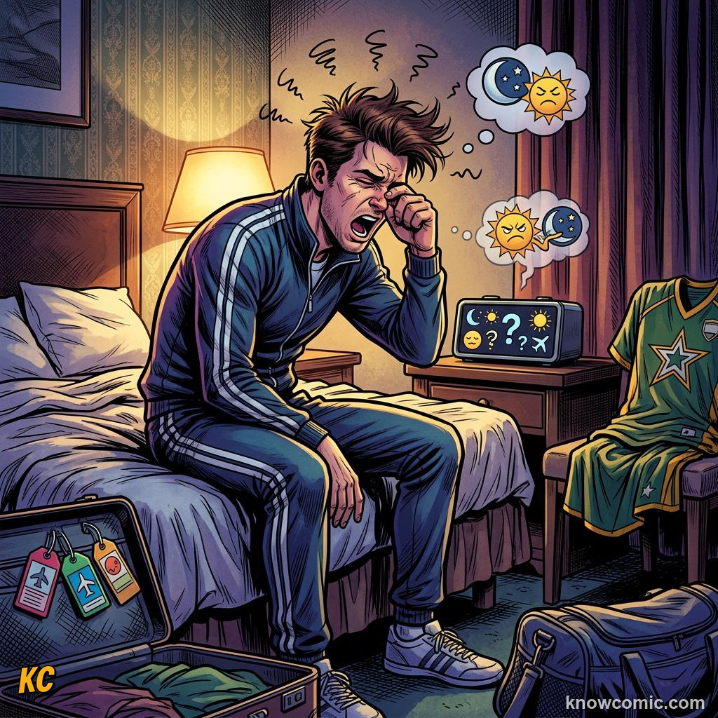 Comic panel titled fighting jet lag, labelled pacific, from the KnowComic World Cup 2026 lesson on travel & time zones