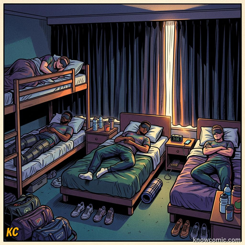Comic panel titled fighting jet lag, labelled eastern, from the KnowComic World Cup 2026 lesson on travel & time zones