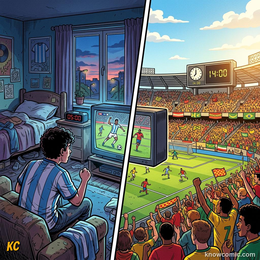 Comic panel titled fighting jet lag, labelled global, from the KnowComic World Cup 2026 lesson on travel & time zones