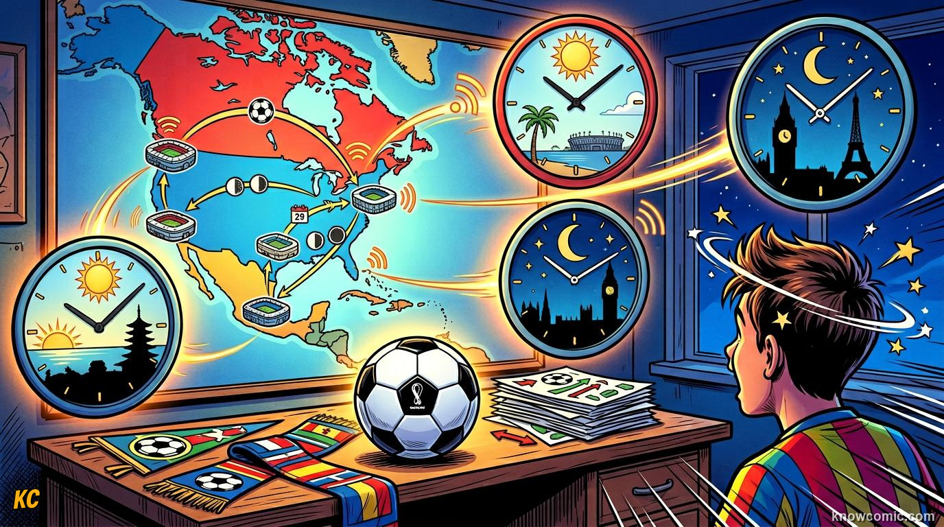Comic panel titled fighting jet lag, labelled hidden enemy, from the KnowComic World Cup 2026 lesson on travel & time zones