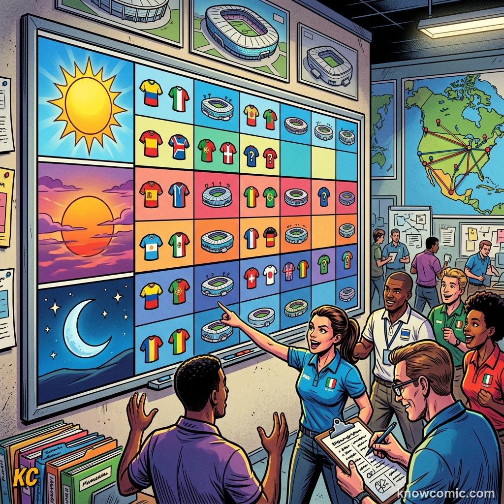 Comic panel titled fighting jet lag, labelled body clock, from the KnowComic World Cup 2026 lesson on travel & time zones