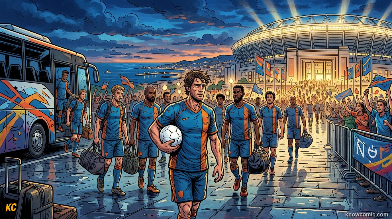 Comic panel titled base camps and flight plans, labelled logistics, from the KnowComic World Cup 2026 lesson on travel & time zones