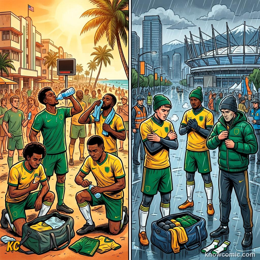 Comic panel titled travel as a world cup challenge, labelled charter, from the KnowComic World Cup 2026 lesson on travel & time zones