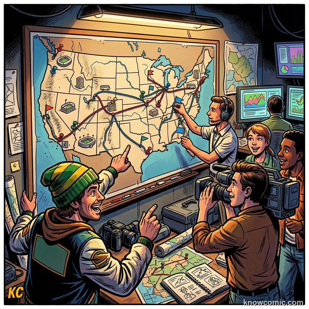 Comic panel titled travel as a world cup challenge, labelled rest, from the KnowComic World Cup 2026 lesson on travel & time zones