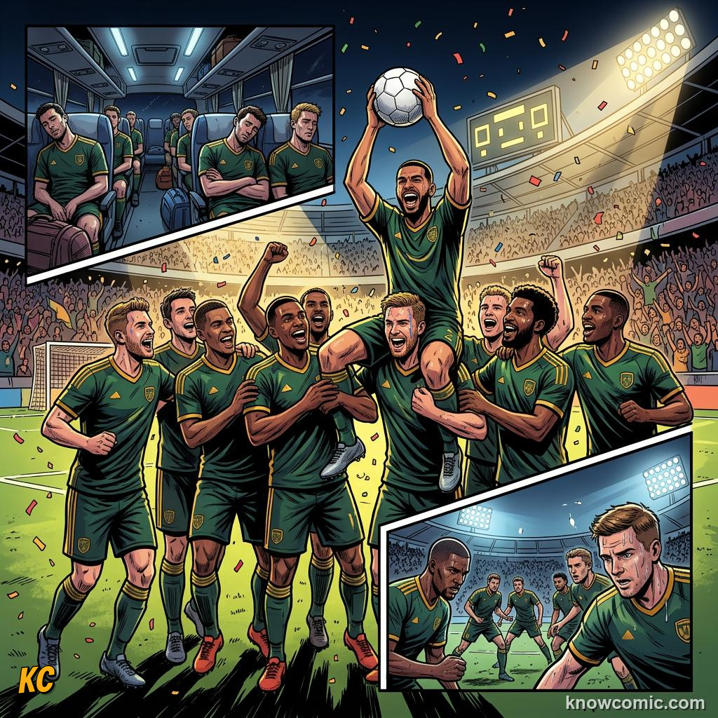 Comic panel titled travel as a world cup challenge, labelled fans, from the KnowComic World Cup 2026 lesson on travel & time zones