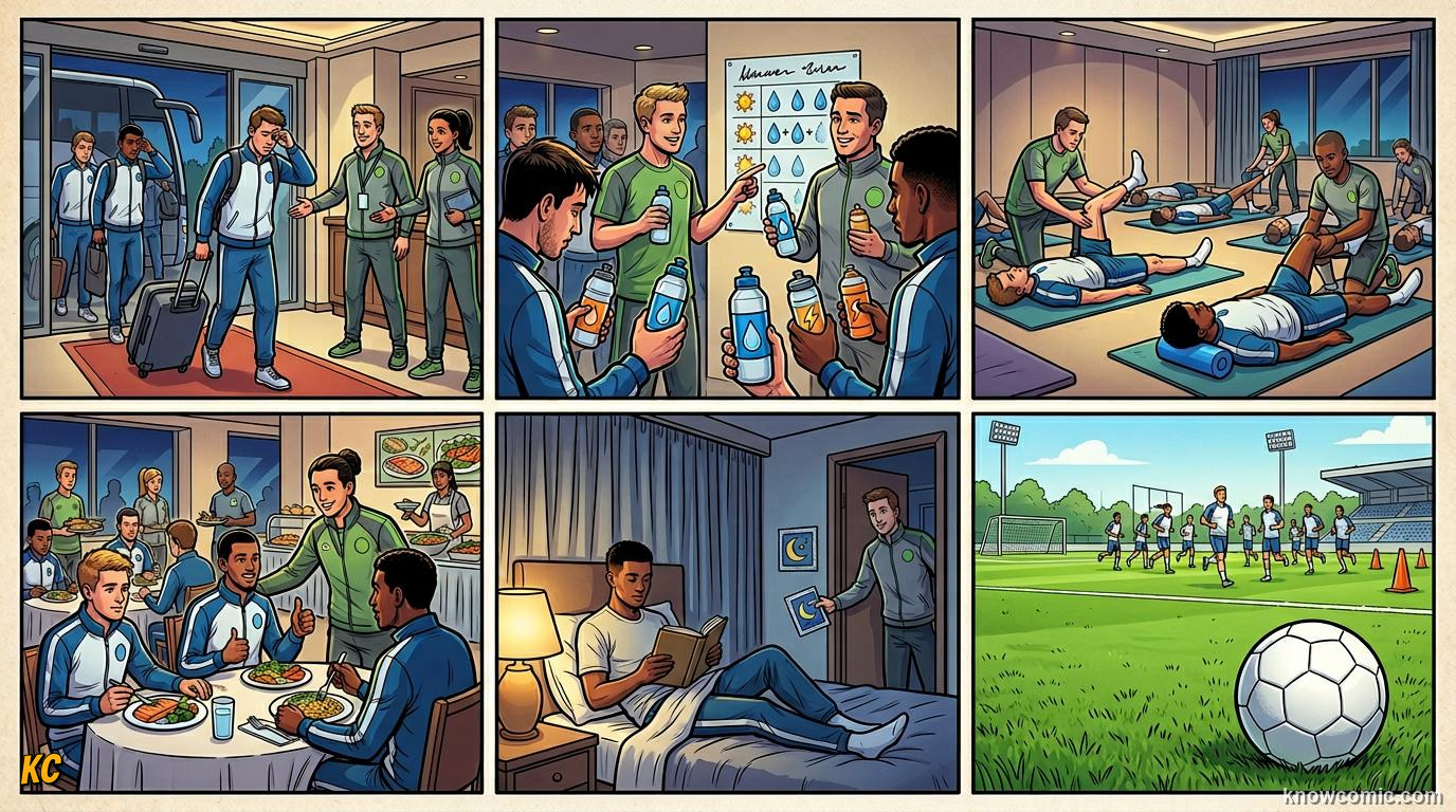 Comic panel titled travel as a world cup challenge, labelled ready to play, from the KnowComic World Cup 2026 lesson on travel & time zones