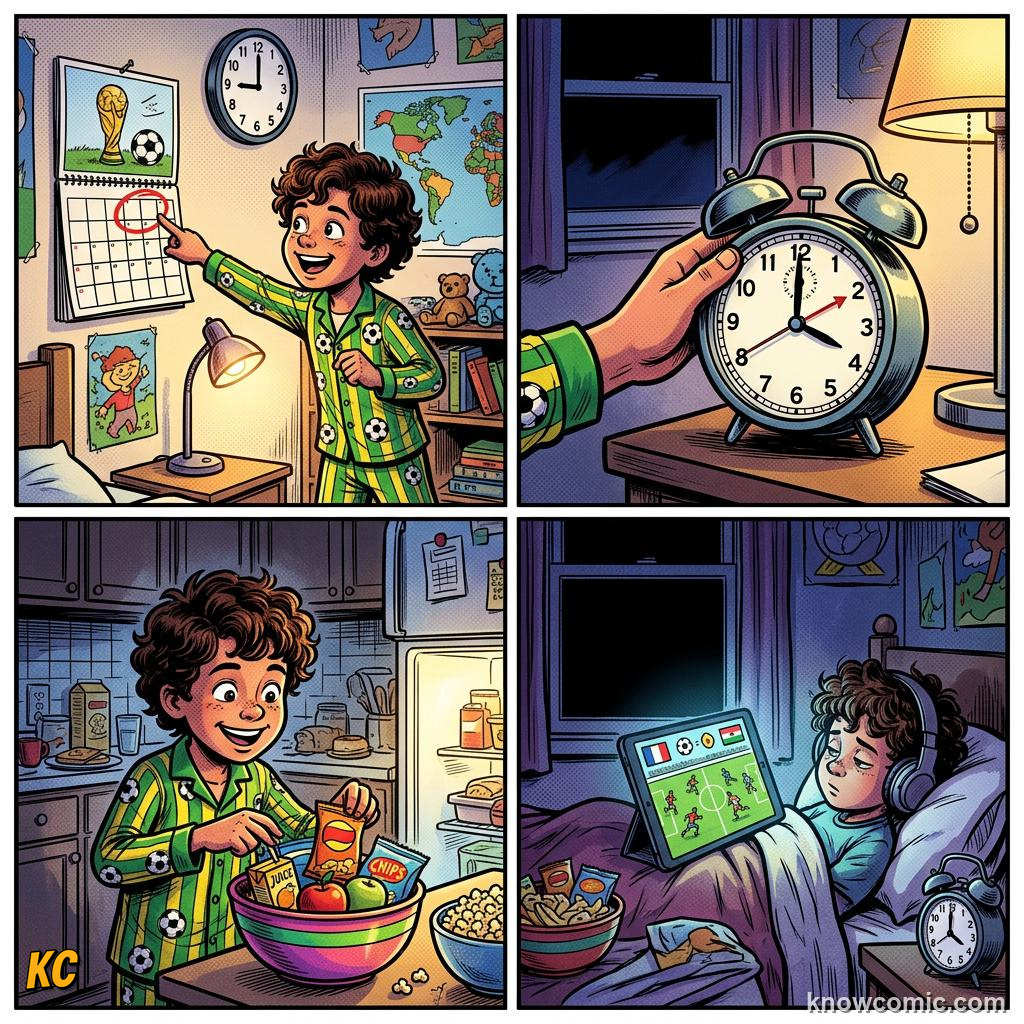 Comic panel labelled plan, illustrating travel & time zones in KnowComic's World Cup 2026 series