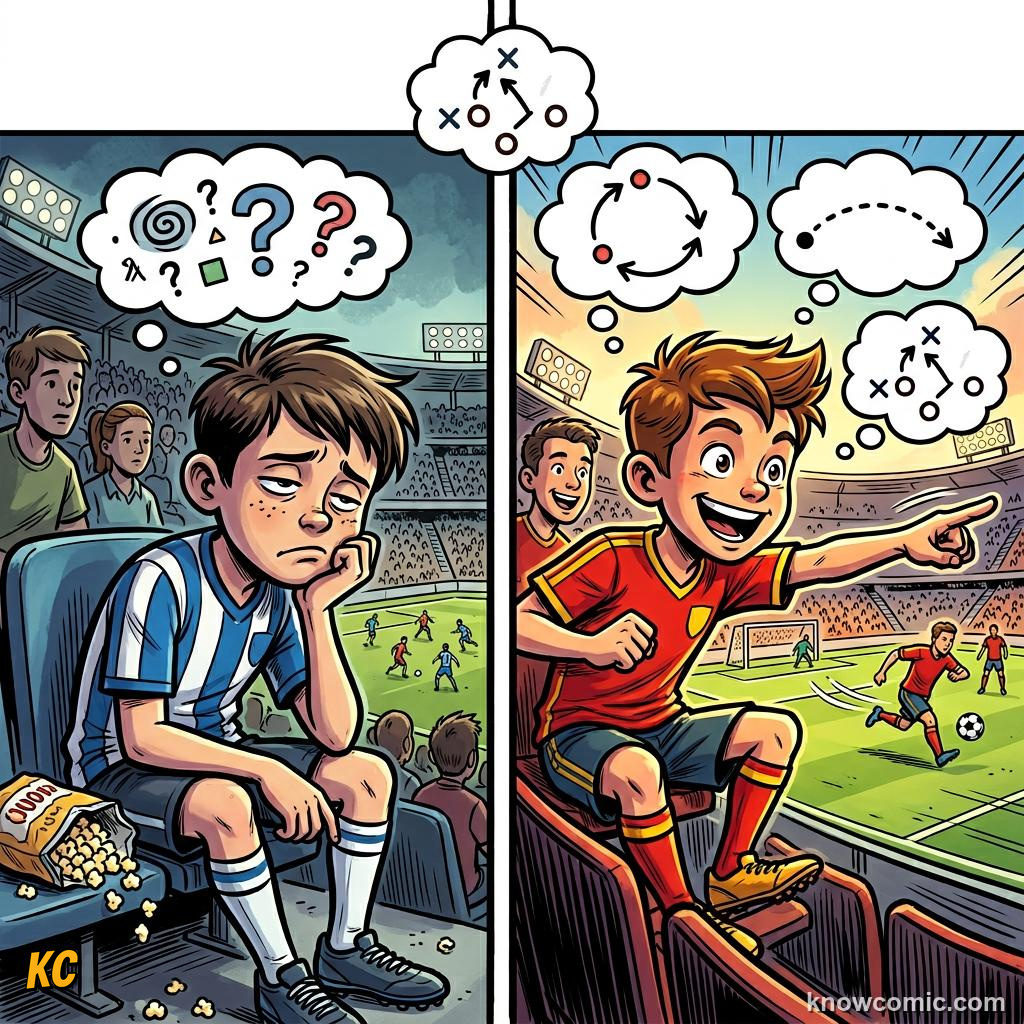 Comic panel titled 4-3-3, 4-4-2, and beyond, labelled focus, from the KnowComic World Cup 2026 lesson on how to watch like an expert