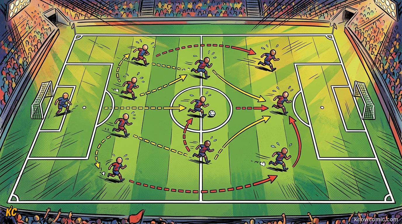 Comic panel titled 4-3-3, 4-4-2, and beyond, labelled the shape, from the KnowComic World Cup 2026 lesson on how to watch like an expert