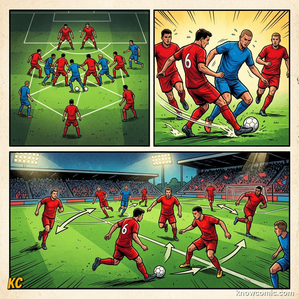 Comic panel titled when defence becomes attack, labelled 4-4-2, from the KnowComic World Cup 2026 lesson on how to watch like an expert