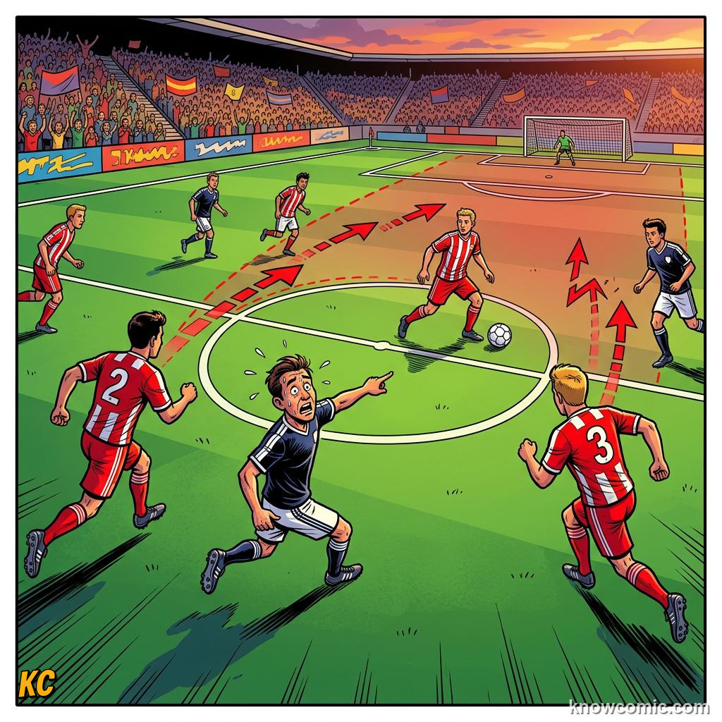 Comic panel titled when defence becomes attack, labelled 5 at back, from the KnowComic World Cup 2026 lesson on how to watch like an expert