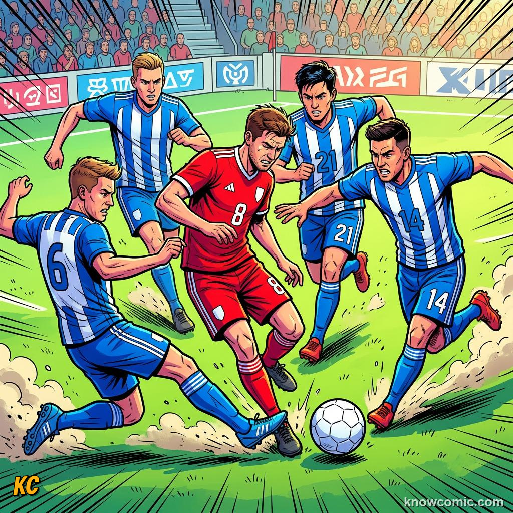 Comic panel titled when defence becomes attack, labelled the press, from the KnowComic World Cup 2026 lesson on how to watch like an expert