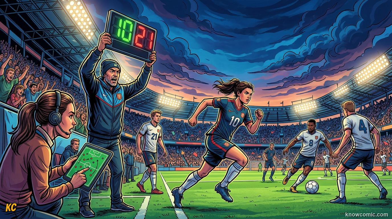 Comic panel titled when the coach changes the story, labelled from the bench, from the KnowComic World Cup 2026 lesson on how to watch like an expert