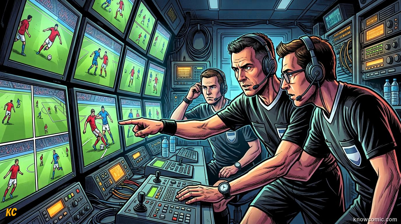Comic panel titled more cameras than ever, labelled eyes in the sky, from the KnowComic World Cup 2026 lesson on var & goal-line technology