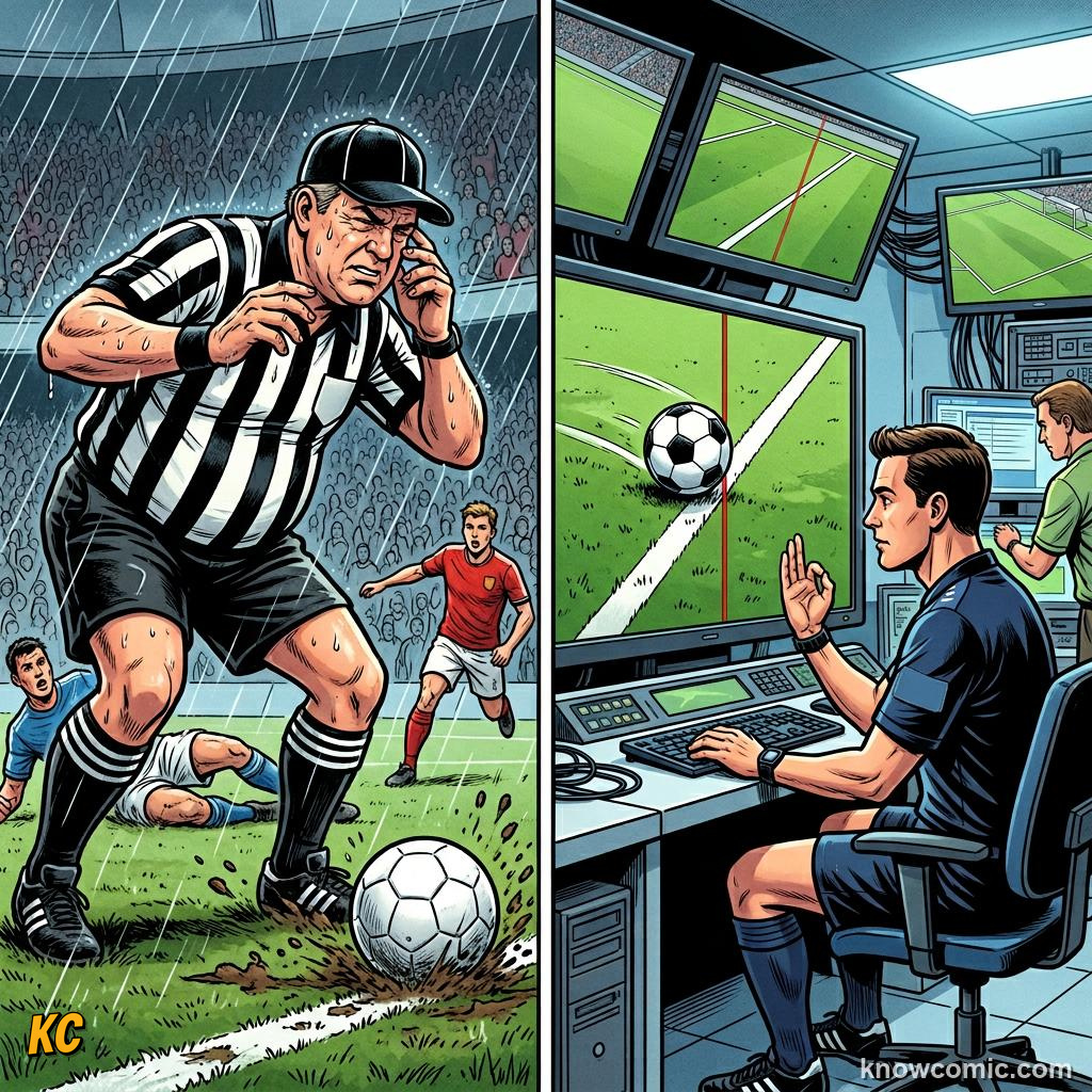 Comic panel titled the video assistant referee, labelled replay, from the KnowComic World Cup 2026 lesson on var & goal-line technology