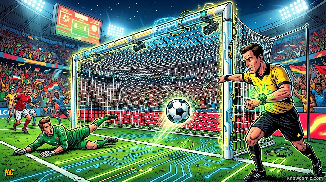 Comic panel titled the video assistant referee, labelled var team, from the KnowComic World Cup 2026 lesson on var & goal-line technology